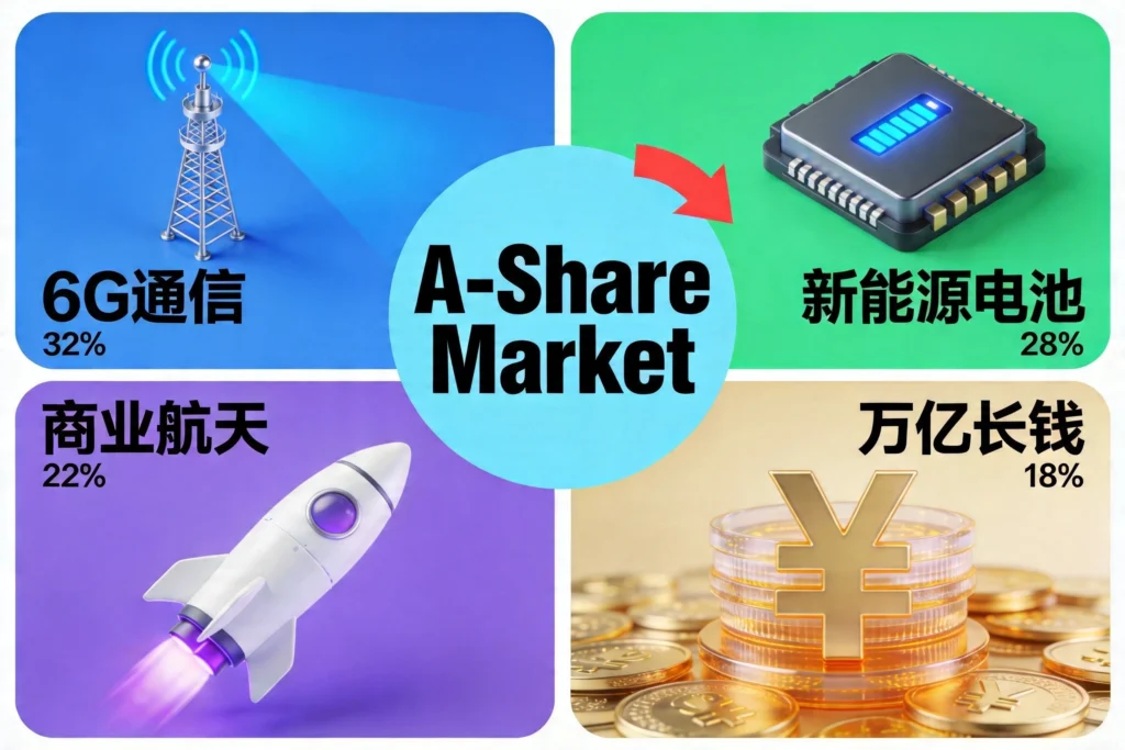 展示6G通信、新能源电池、商业航天、万亿长钱四大赛道的板块分布图