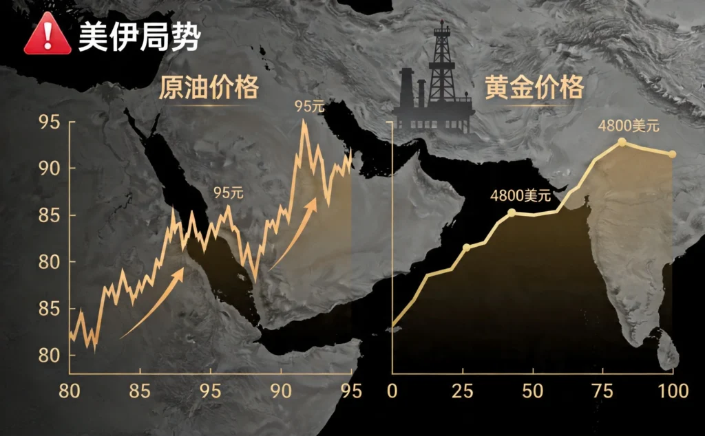 展示美伊局势影响下原油与黄金价格剧烈波动的双轴图表