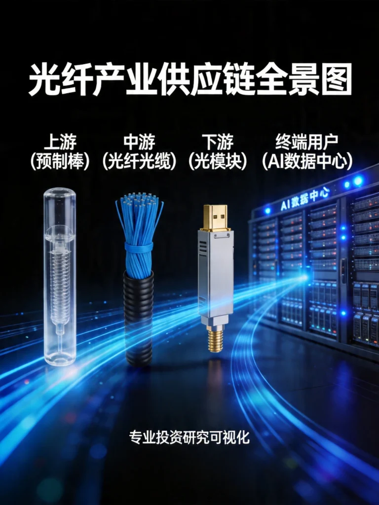 光通信产业链全景图，从光纤预制棒到光模块再到AI数据中心