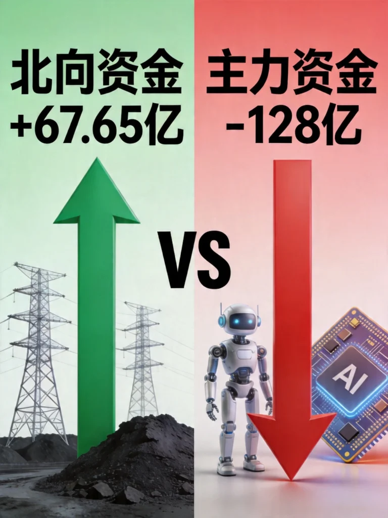 资金流向对比图,北向资金净流入67亿vs主力资金净流出128亿,展示多空博弈格局