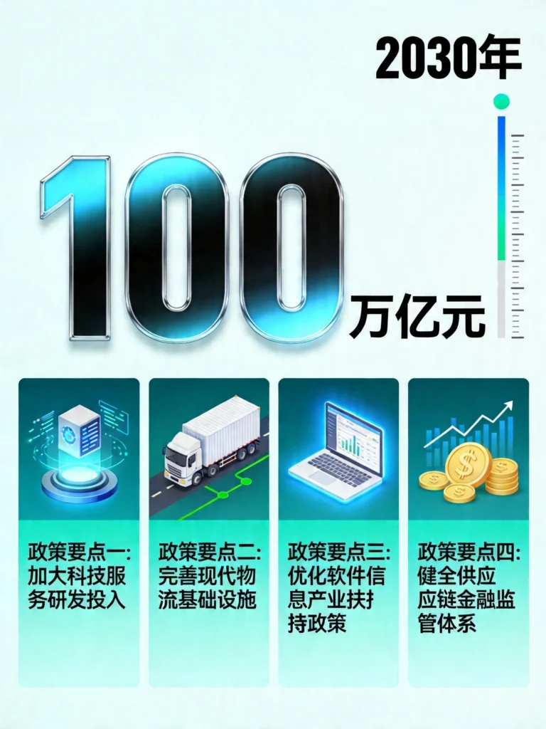 服务业100万亿元目标信息图,展示四大关键领域与2030年时间节点