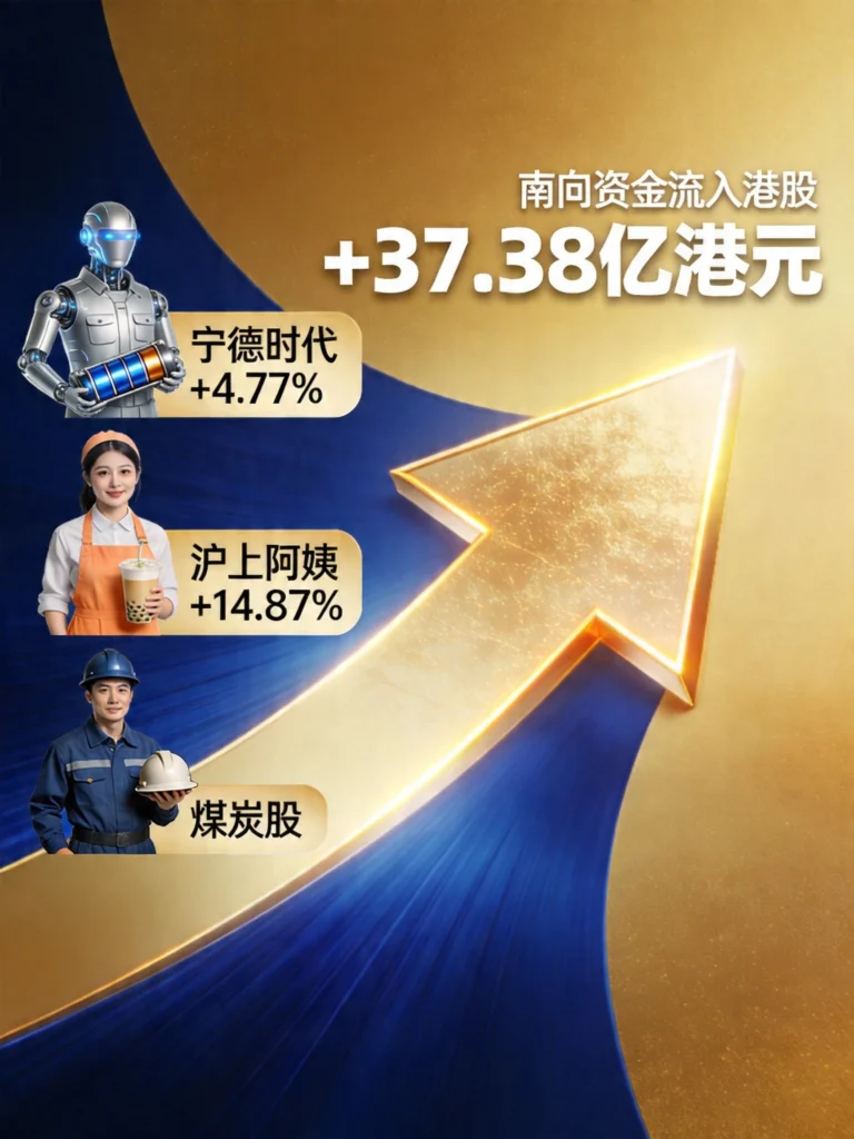 南向资金流向图,净买入37.38亿港元,标注宁德时代、沪上阿姨等热门标的涨幅